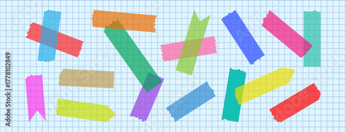 Paper tape, masking sticker, adhesive washi collage. Craft scrapbook sticky. Color stripe scotch on sheet notebook bg. Transparent torn set on checkered background. Vector illustration