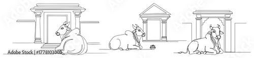 Resting cow by classical temple facade minimalist line art vector illustration