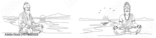Spiritual Guru and Yogi Meditating at Sunrise. Continuous Line Art Vector Set