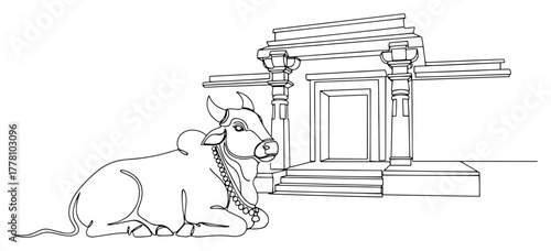 Sacred Nandi Bull at the Entrance of a Hindu Temple. Continuous Line Art Vector