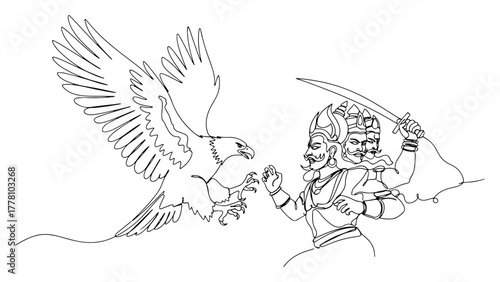 Continuous one line drawing of Jatayu fighting Ravana. Hindu mythology scene from Ramayana epic vector illustration.