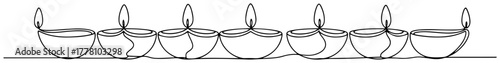Row of Diya Oil Lamps for Diwali Festival Celebration. Continuous Line Art Vector