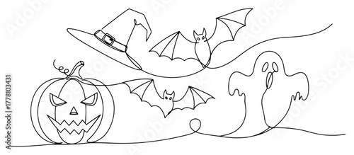Halloween banner with jack o lantern bats ghost and witch hat minimalist continuous line art vector illustration