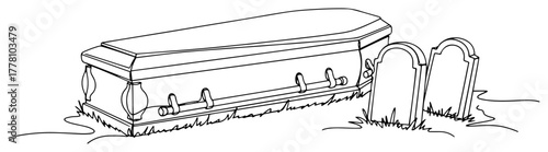 Continuous one line drawing of a coffin and gravestones in a spooky cemetery. Halloween vector illustration.
