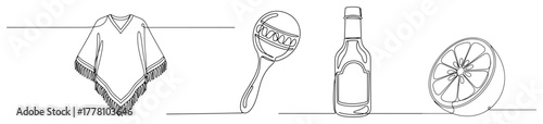 Mexican culture symbols poncho maraca hot sauce and lime continuous one line drawing. Vector illustration.
