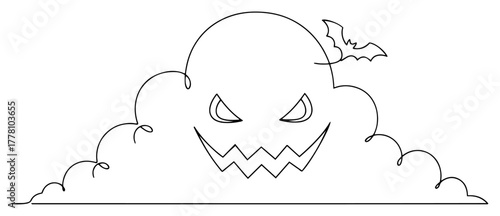 Spooky Halloween bush with jack o lantern face and bat continuous one line drawing. Scary monster character vector.