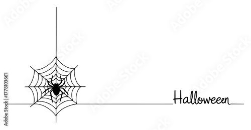 Halloween text with spider on a web continuous one line drawing. Minimalist spooky vector banner design.
