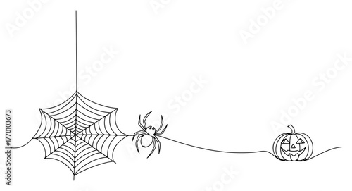 Halloween border with spider web dangling spider and jack o lantern minimalist continuous line art vector illustration