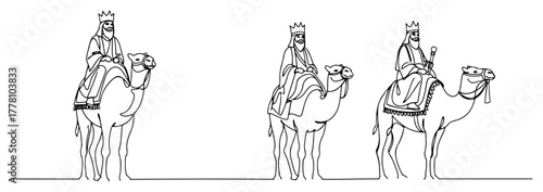 Three Wise Men Riding Camels. Biblical Magi Nativity Scene for Epiphany. Continuous Line Art