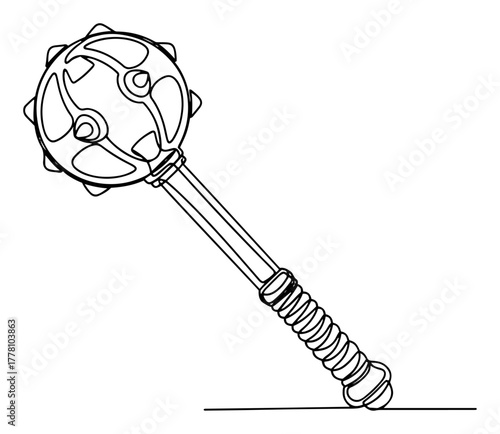 Medieval spiked mace weapon continuous one line drawing. Fantasy or historical blunt weapon vector illustration.