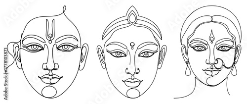 Lord Krishna Goddess Sita and Indian Bride Face Portraits. Hindu Deities Continuous Line Art Set