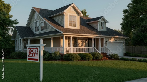 Real estate sign with blank space in front of house for sale in nice suburban neighborhood
