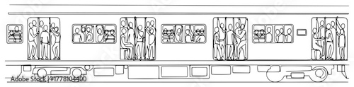 Crowded commuter train with passengers in doors minimalist line art vector illustration