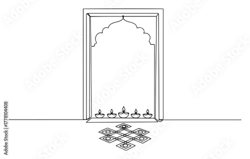 Diwali doorway with rangoli and oil lamps minimalist line art vector illustration