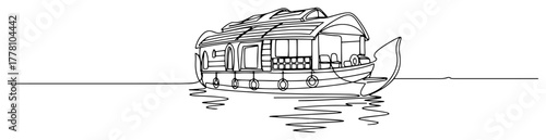 Traditional Kerala houseboat on calm backwaters minimalist line art vector illustration