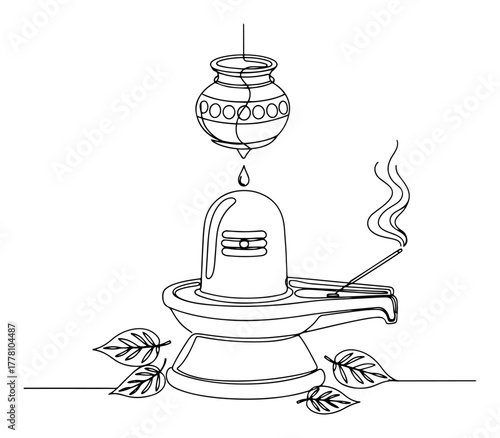 Shiva Lingam Puja continuous one line drawing. Hindu ritual of Abhishekam water offering to Lord Shiva. Vector illustration.