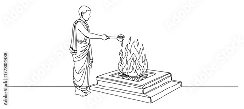 Hindu priest performing Homa fire ritual continuous one line drawing. Yajna a Vedic ceremony of offering. Vector illustration.