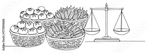 Fresh Vegetables in Baskets with Balance Scale. Farmers Market Grocery. Continuous Line Art