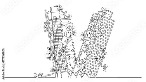 Post-apocalyptic ruined city skyscrapers overgrown with plants continuous one line drawing. Destroyed buildings vector.