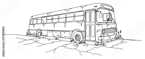 Abandoned old bus in a post-apocalyptic wasteland continuous one line drawing. Rusty vehicle overgrown with weeds vector.
