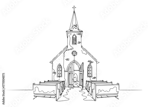 Abandoned ruined church in a post-apocalyptic setting continuous one line drawing. Old creepy chapel vector illustration.