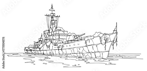 Old battleship warship at sea with weathered hull minimalist line art vector illustration
