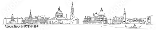 Venice skyline panorama with domes campanile bridge and gondola minimalist line art vector illustration