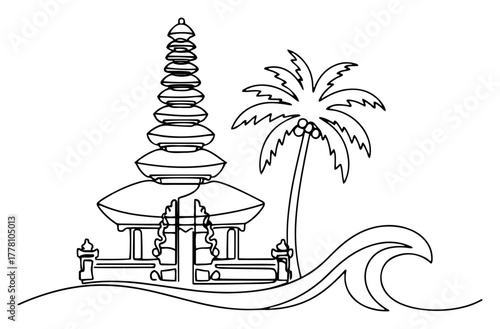 Balinese Hindu Temple Pura with Palm Tree and Ocean Wave. Bali Travel Landmark Continuous Line Art