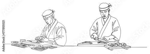 Japanese Sushi Chefs Preparing Rolls in Restaurant Kitchen. Continuous Line Art Set