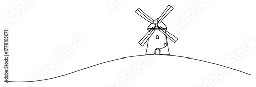 Traditional windmill on a hill continuous one line drawing. Rural landscape with old mill vector illustration.