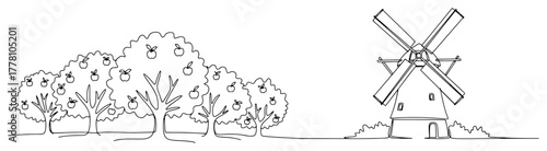 Rural landscape with windmill and apple orchard minimalist line art vector illustration