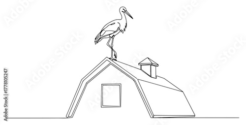 White stork standing on house roof gable minimalist line art vector illustration
