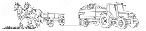Farm transport with draft horses wagon and tractor trailer minimalist line art vector illustration