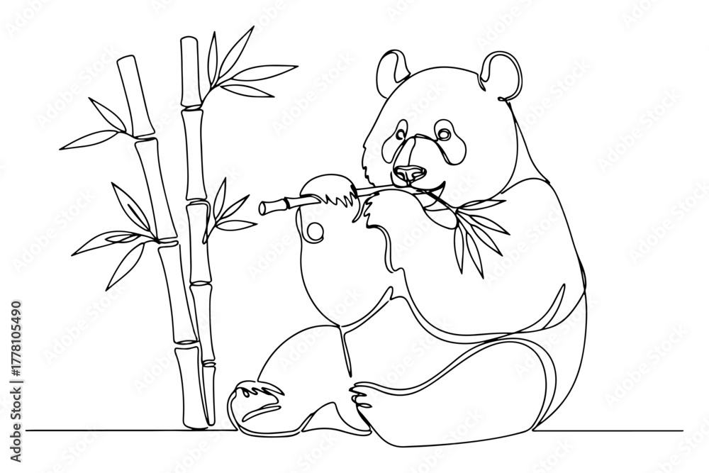 Naklejka premium Cute panda bear eating bamboo shoots minimalist line art vector illustration