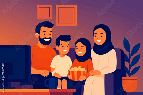 Multicultural family watching a smart TV together, smiling and enjoying a show, flat vector illustration