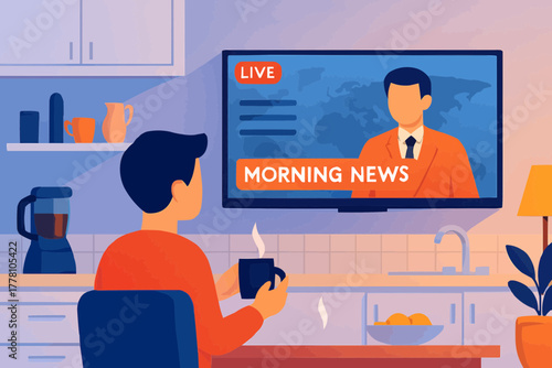 Person watching morning news on a smart TV while drinking coffee in a bright modern kitchen, flat vector