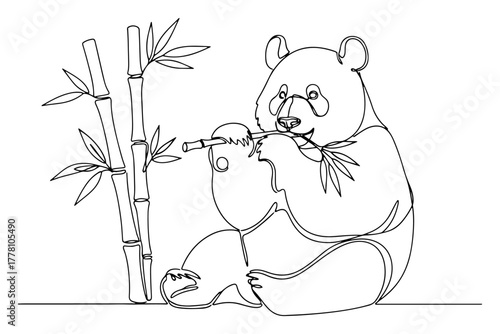 Cute panda bear eating bamboo shoots minimalist line art vector illustration
