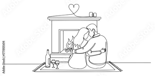Romantic couple cuddling by the fireplace with wine continuous one line drawing. Cozy evening at home vector illustration.