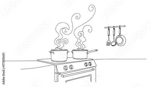 Cooking pots steaming on the stove continuous one line drawing. Kitchen interior and food preparation concept vector.