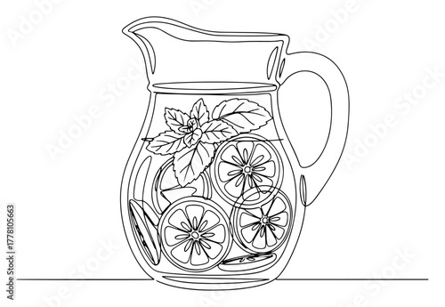 Jug of fresh lemonade with lemon slices and mint continuous one line drawing. Summer refreshing drink vector illustration.