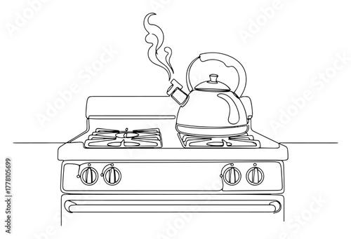 Boiling kettle on a gas stove continuous one line drawing. Steaming teapot in the kitchen vector illustration.