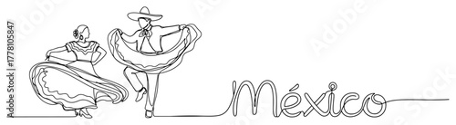 Mexican folkloric dancers with mexico lettering continuous line art vector illustration
