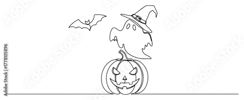 Ghost with witch hat and bat over jack o lantern pumpkin minimal continuous line art vector illustration