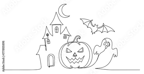 Halloween holiday continuous one line drawing. Spooky scene with haunted house jackolantern ghost and bat. Vector illustration.