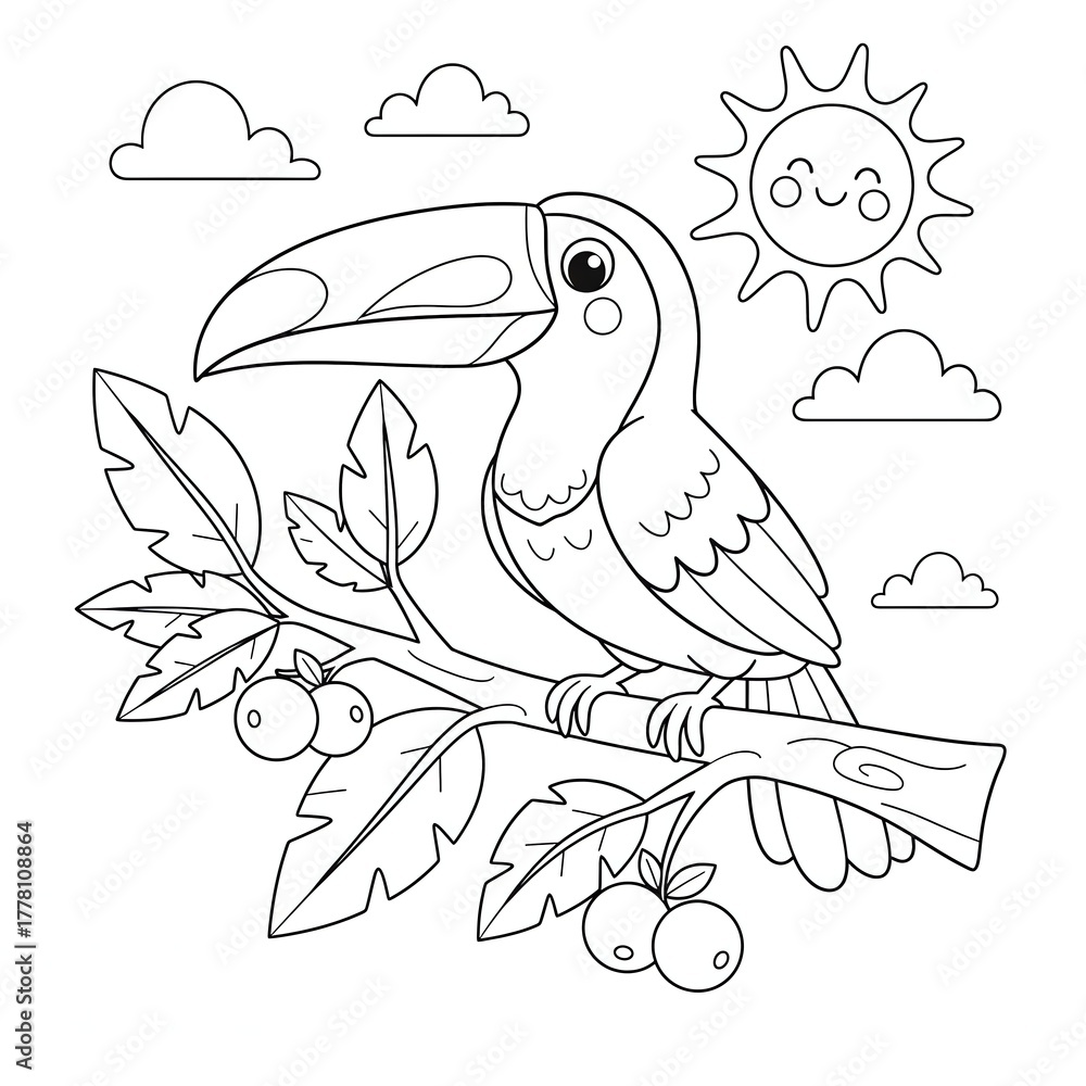 Obraz premium A toucan perches on a branch with leaves and berries under a smiling sun, coloring page for kids