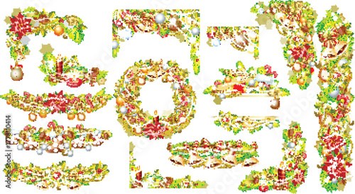 Vector Christmas clipart set with garlands, wreaths, and festive decorations including bells, poinsettias, ribbons, and ornaments. 