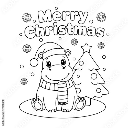 Hippo beside Christmas tree, coloring book page for toddlers Generative AI