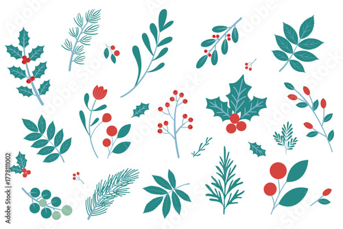  Editable Winter Leaves Vector Illustration, Holly Branches and Berries, Minimal Flat Botanical Clipart for Holiday Decoration. Clipart Collection for Seasonal Greeting Card and Poster
