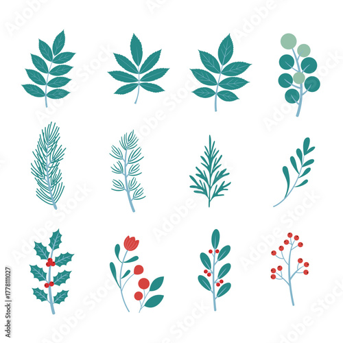 Editable Vector Set of Winter Leaves, Holly, and Red Berries, Minimalist Seasonal Illustration for Christmas and New Year Designs.