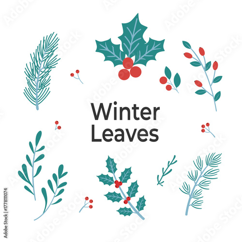 Holiday Season Vector Set of Winter Leaves and Red Berries, Hand Drawn Evergreen Branches, Christmas Botanical Clipart Collection